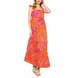 NEW THML tie strap flower print maxi dress in orange
